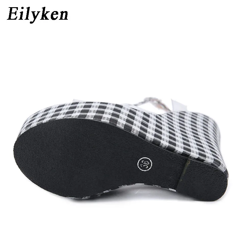 Eilyken Fashion Gingham Thick Bottoms Wedge Women Sandals Ankle Buckle Strap Platform High Heels PVC Transparent Female Shoes