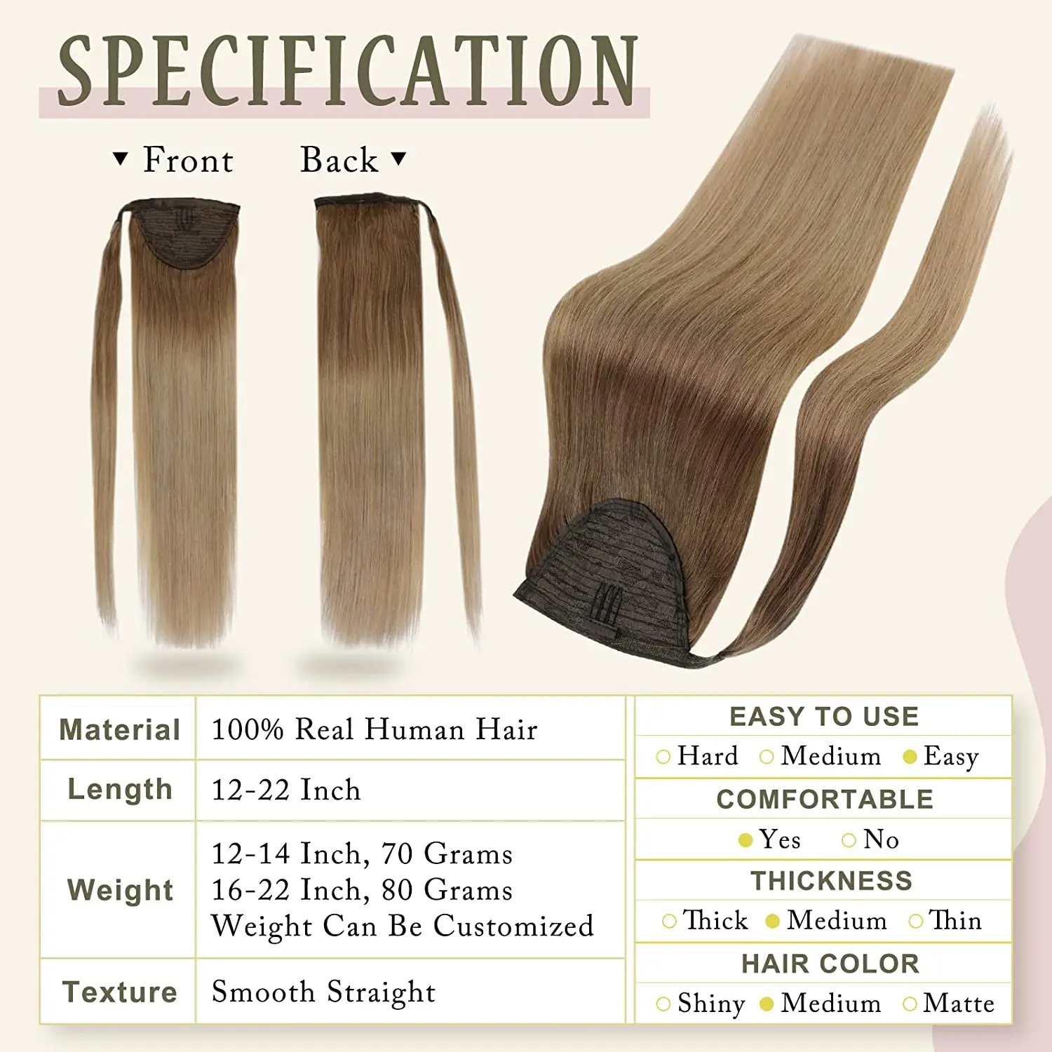 Full Shine Ponytai Human Hair 70g/80g Lightest Brown Fading to Golden Blonde Remy Hair Extensions Human Hair Ponytail