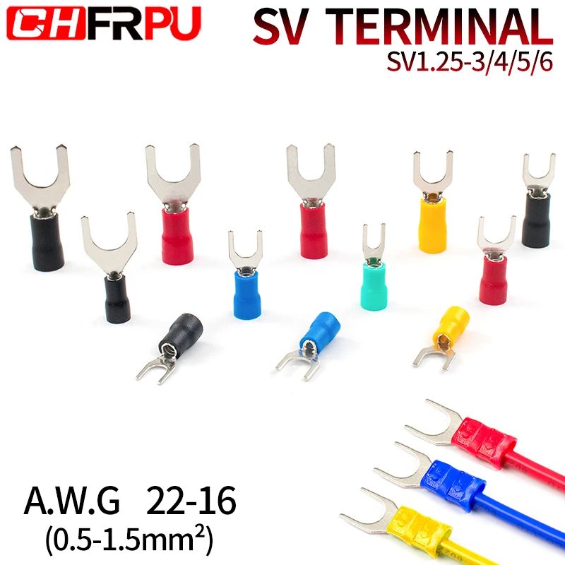100Pcs SV series Fork Insulated Electrical Wire Crimp Terminals A.W.G   22-16 spade terminals Crimp Wire Connectors