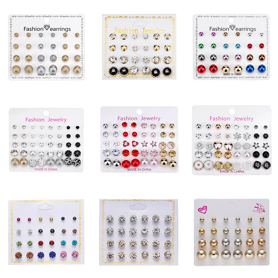 12 Pairs Flower Earrings Set Imitation Pearls Crystal Stud Earrings Boho Geometric Round Earrings For Women Ear Jewelry Gifts