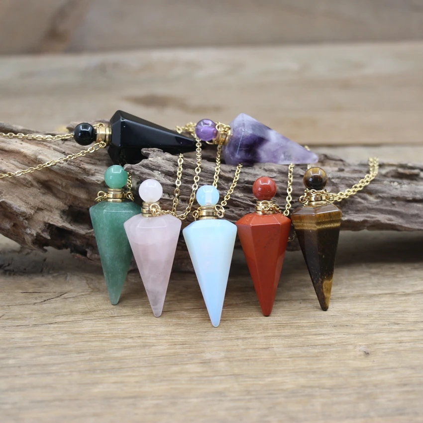 

Faceted Cone Pendulum Crystal Perfume Bottle Pendants Healing Reiki Stone Gems Opal Essential Oil Vial Charms Necklaces QC1079