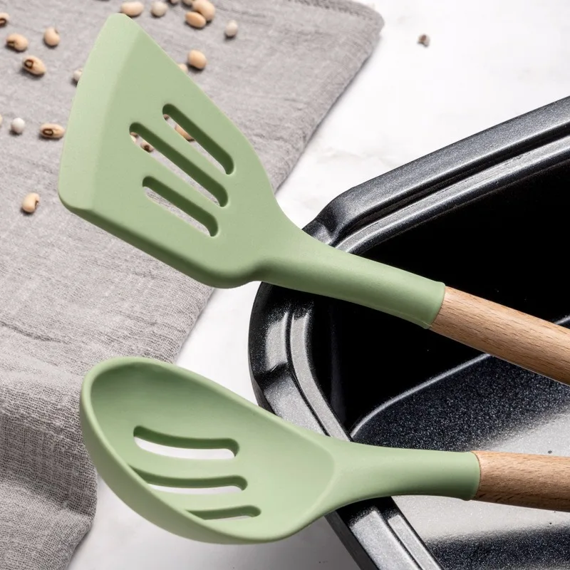 Green Cooking Kitchenware Tool Silicone Utensils With Wooden Multifunction Handle Non-Stick Spatula Ladle Egg Beaters Shovel