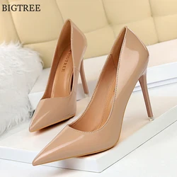 Escarpins à talons hauts pointus en cuir verni pour femmes, chaussures de bureau, chaussures de mariage sexy, rouge nude peu profond, automne