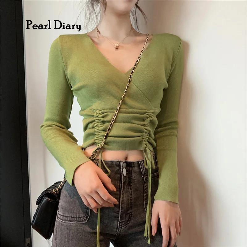 

Pearl Diary Autumn Winter V-Neck Women Sexy Solid Chic Knitted T-Shirt Street Fashion Women Top