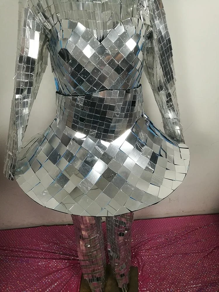 Silver Mirror dress mirror men robot dance costume women singer stage show wear sparkly dj gogo costumes