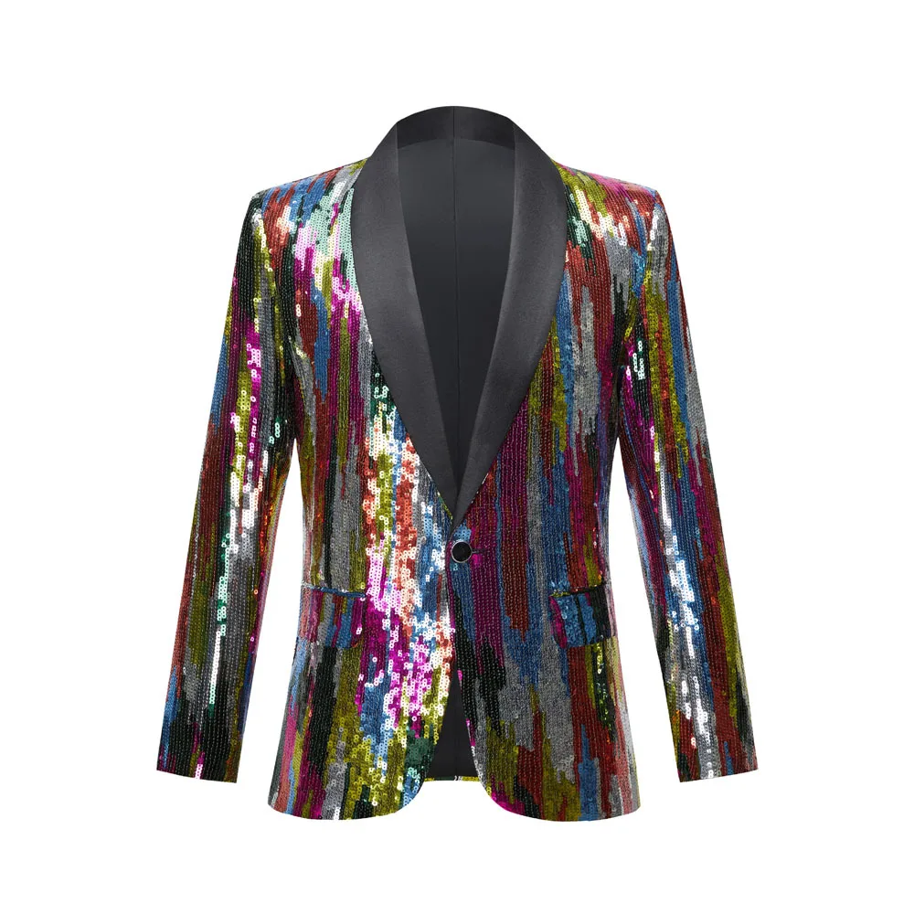 Multi-color Sequins Stripes Blazer Men's Stage Costume Evening Party Master Host Shiny Suit Jacket DJ Singer Night Club Clothing