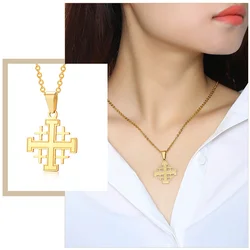 Retro Jerusalem Cross Pendant Necklaces for Women, Gold Color Stainless Steel Necklace Prayer Jewelry