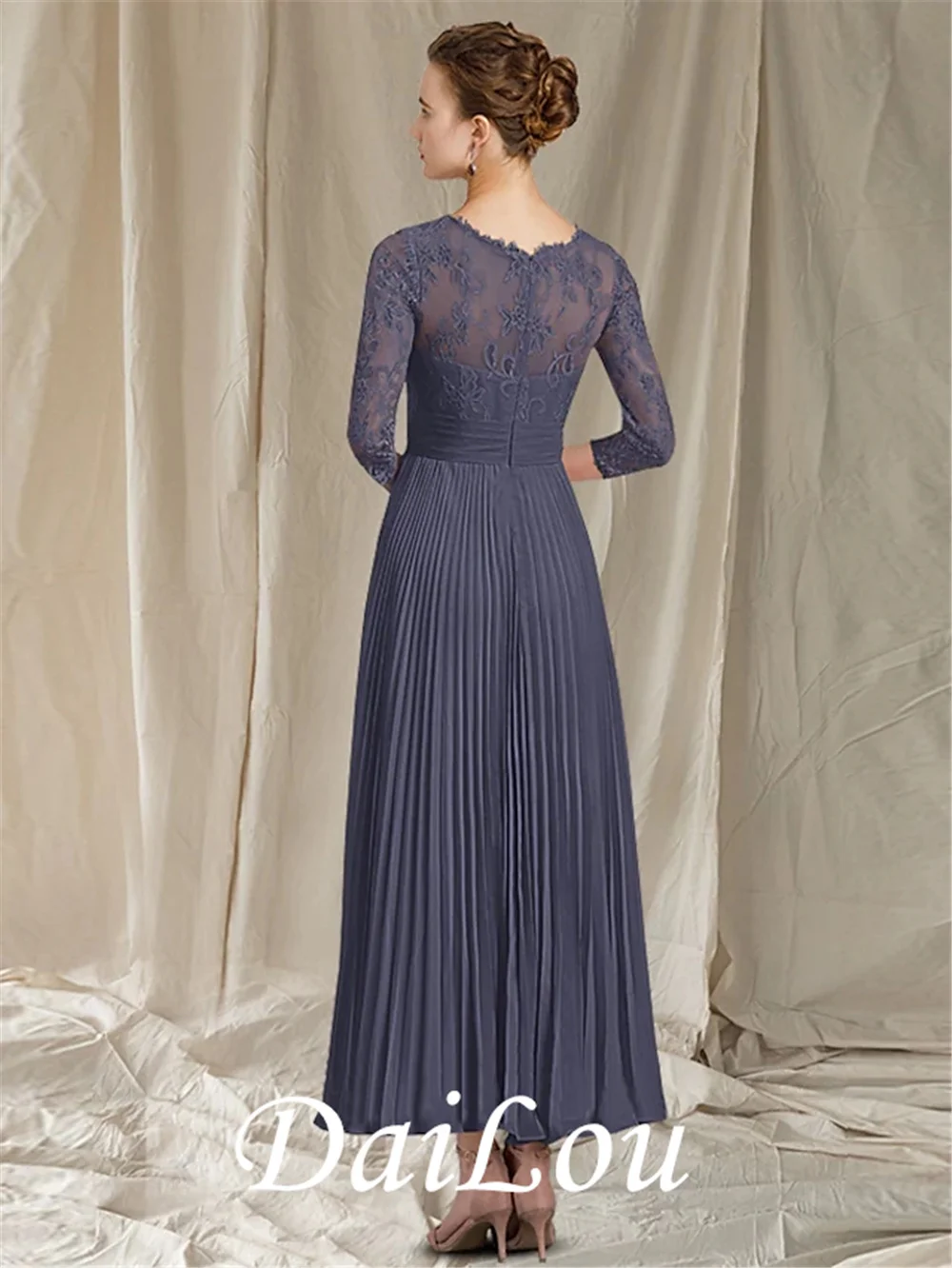 A-Line Mother of the Bride Dress Elegant Jewel Neck Ankle Length Chiffon Lace 3/4 Length Sleeve with Pleats Ruched 2021