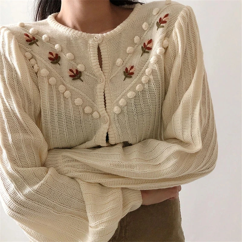 Women Sweet Gentle Floral Lantern-Sleeved Knitted Sweater Girls Korea Cute Chic Simple Fresh Cardigans Sweaters