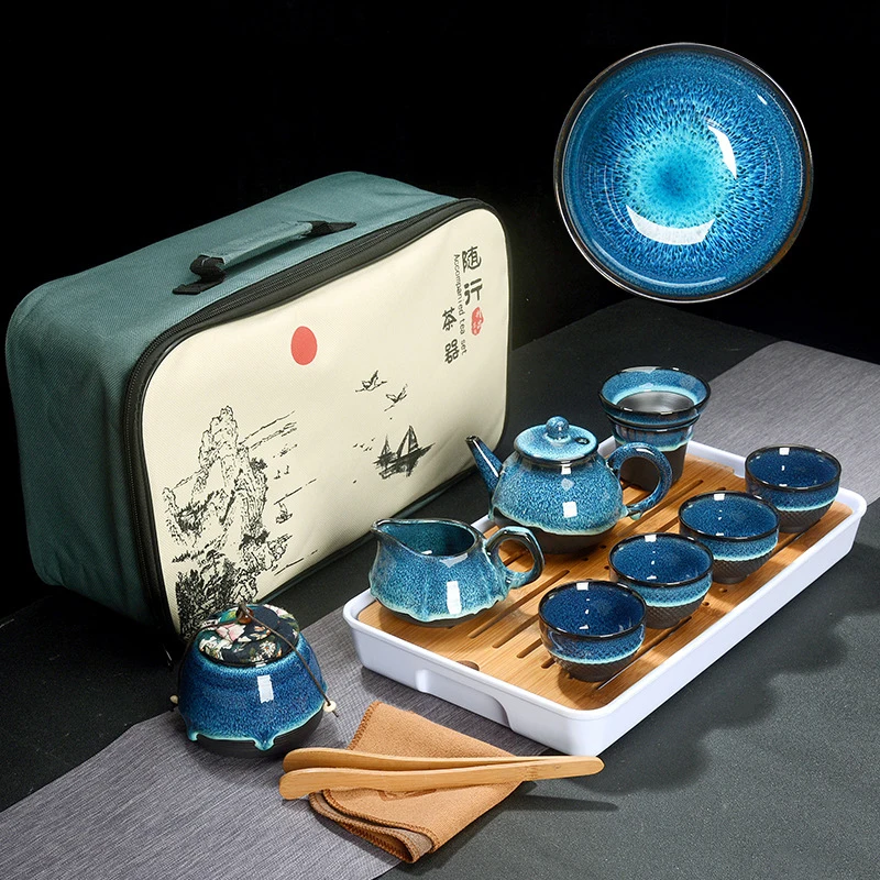 Chinese Tea Set Blue Amber Glaze Ceramic Jingdezhen temmoku glaze Exquisite Set Kung Fu Tea Cup portable Teapot Gaiwan Tea Cups