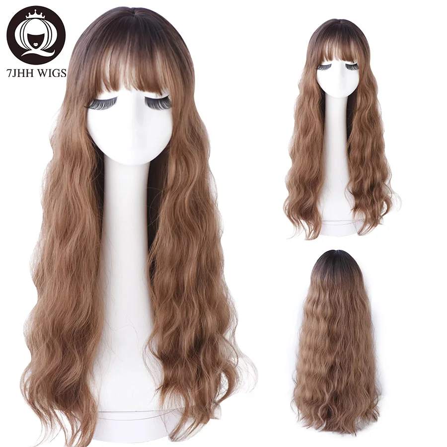 7JHH WIGS Harajuku Pink Brown Lolita Wig Long Two Colors Realistic Cosplay Wigs With Bangs For Women Wavy Wigs Synthetic Hair