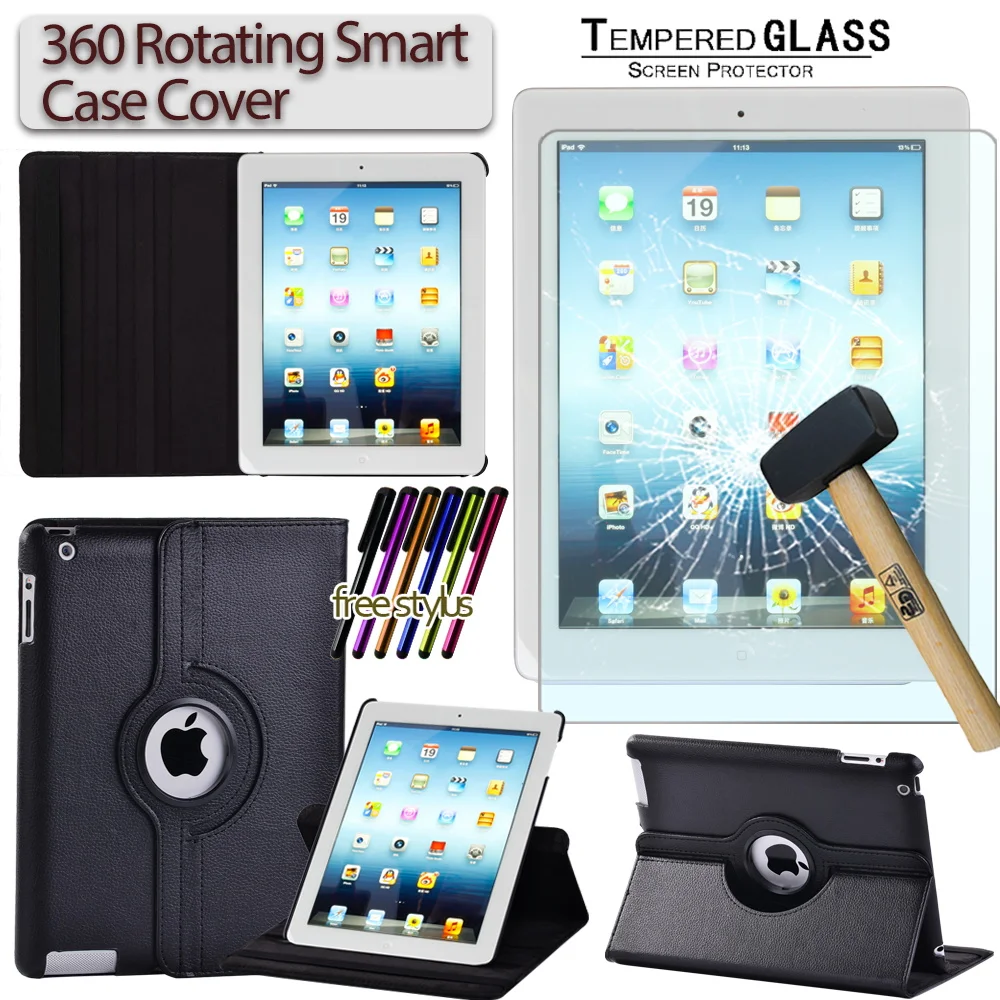 360 Rotating Case for Apple IPad 2/3/4 A1460 A1459 A1458 A1416 A1430 A1403 A1395 A1396 A1397 Anti-fall Tablet Case+Tempered Film