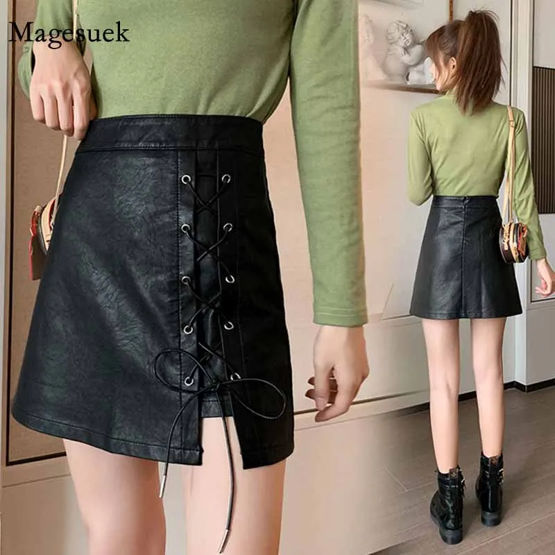 A-Line Causal New Fashion Women Solid Short Sexy Skirt High Waist Skirt Casual Lace-Up Black PU Leather Skirt Faldas Mujer 11368