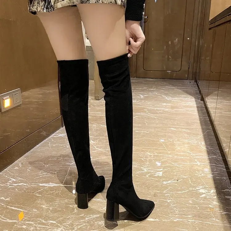 New Women\'s Top Resiliency Pu Leather Over The Knee Boots Slip on Thick High Heel Platform Thigh Boots Ladies Fashion Shoes