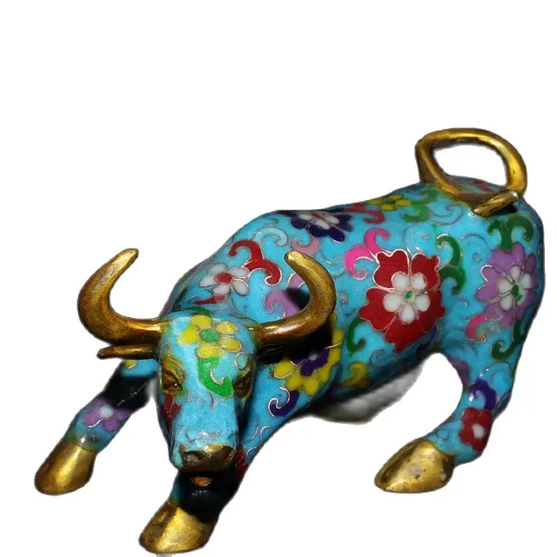 Chinese Old Tibetan Craft Copper Tire Filigree Cloisonne Cow Statue