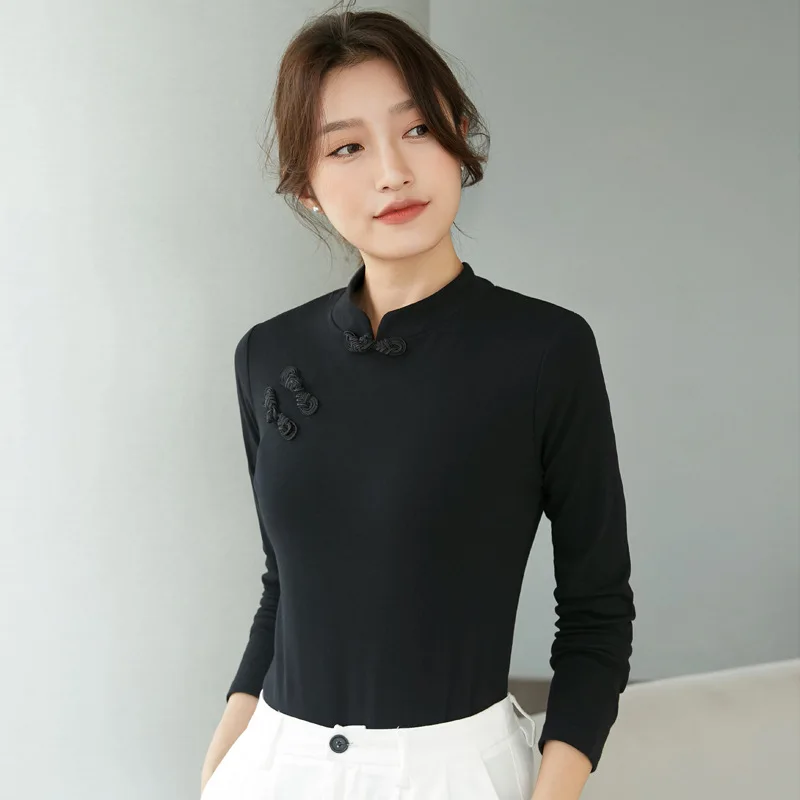 Chinese Style T Shirt Women Cotton Half Turtleneck Slim T-Shirt New 2022 Full Winter Solid Clothes Womens Long Sleeve Tops Femme