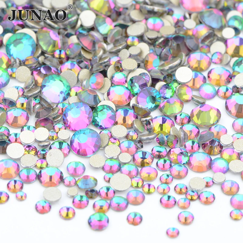 JUNAO SS6 8 10 12 16 20 Multi Size Green Flame AB Color Glass Nail Rhinestone Round Crystals Stickers Flatback Nail Art Strass