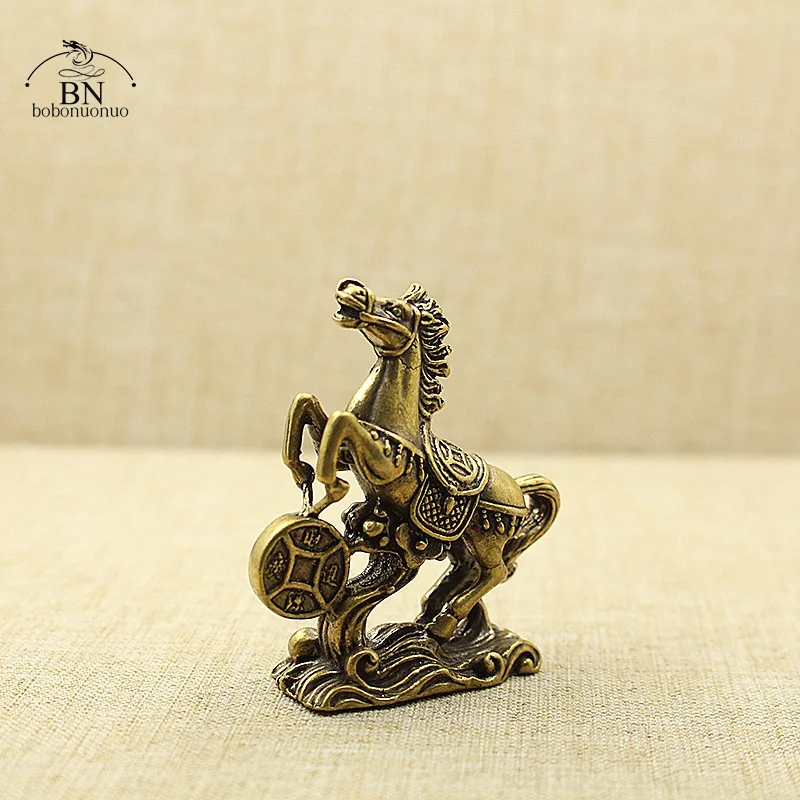 Solid Brass Lucky Coins Horse Small Statue Tea Pets Table Ornaments Vintage Copper Chinese Zodiac Animal Feng Shui Decors view 6