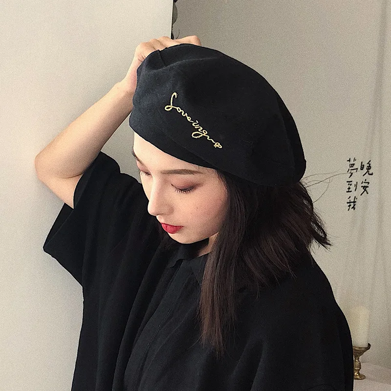 K97 Women Hat Beret Letter Embroidery Four Seasons Japanese British Fashion Retro Painter Cap Wild Octagonal Hat Casual Hat