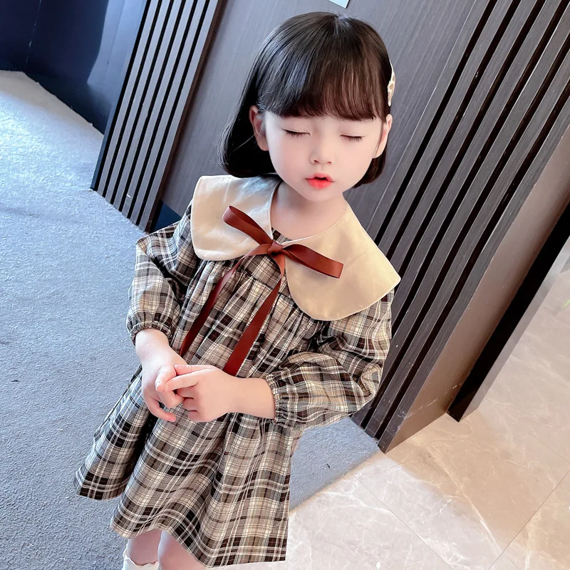 Spring And Autumn New Toddler Kids Long-Sleeved Dress For Girl Children Clothing Peter Pan Collar Plaid Dress