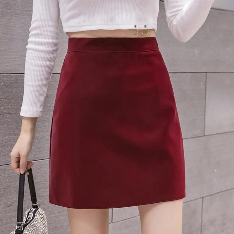 Green Fashion Burgundy Short Skirt A- Line Skirt High Kidney Autumn Woman Skirts Faldas Jupe