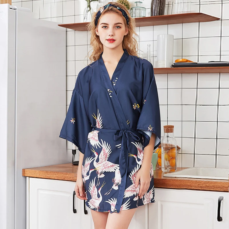 Fashion Women\'s Summer Mini Kimono Robe Lady Rayon Bath Gown Yukata Nightgown Sleepwear Sleepshirts Pijama Mujer Size M-XXL