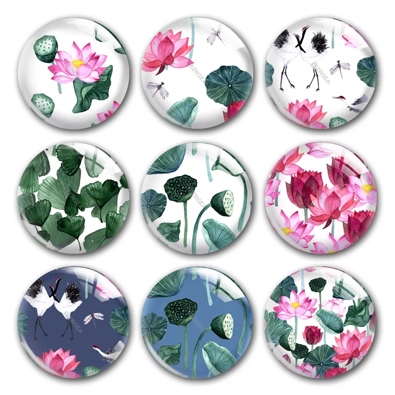 

Handmade Secret Garden Plants Lotus Round Photo Glass Cabochons Demo Flat Back Diy Collier Jewlery Making Findings Accessory