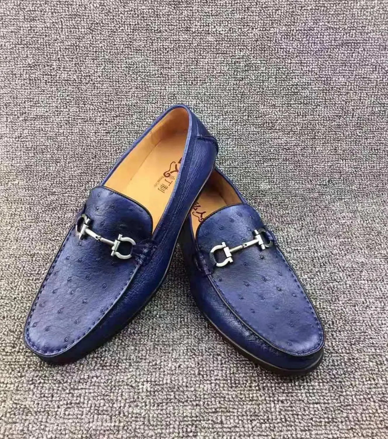 

100% Genuine real Ostrich skin leather men fashion shoe with cow skin lining 2019 new style men shoes blue colors