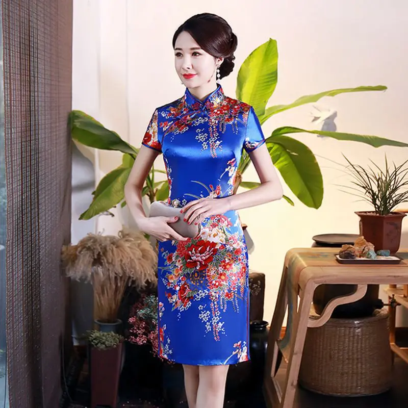 

Vintage Oriental Lady Evening Wedding Cheongsam Traditional Mandarin Collar Short Qipao Elegant Slim Summer Dress Gown S-6XL