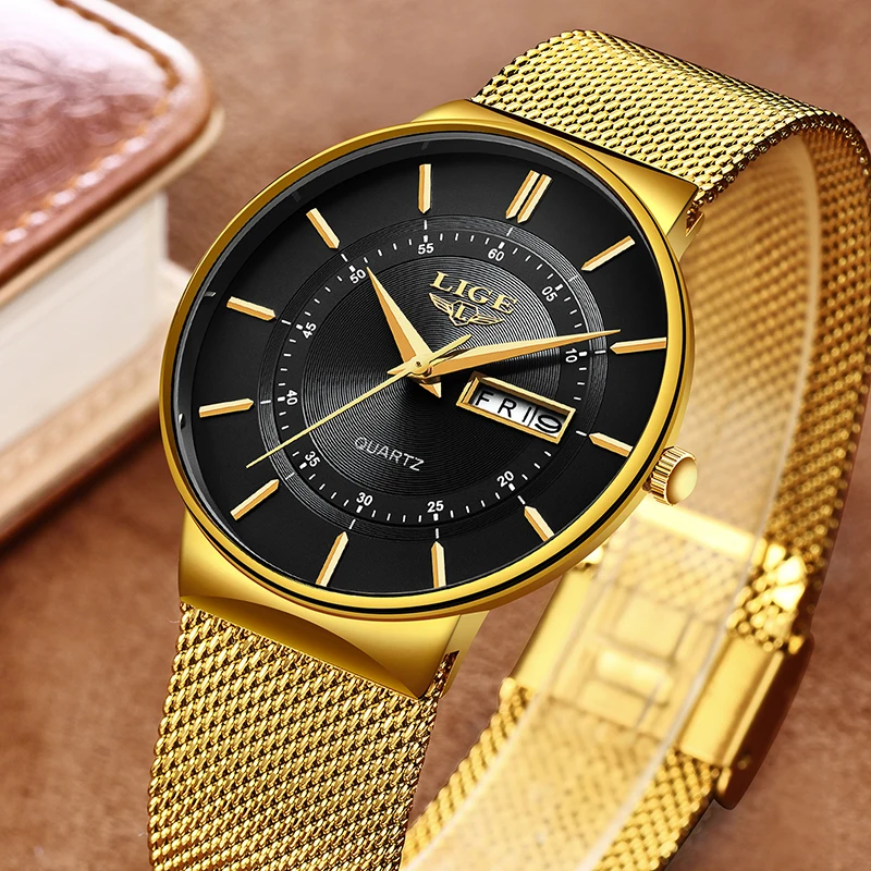 Relogio Masculino 2023 LIGE nuovi orologi da uomo Top Brand Luxury Ultra Thin Quartz Watch Men Steel Mesh Strap orologio impermeabile in oro