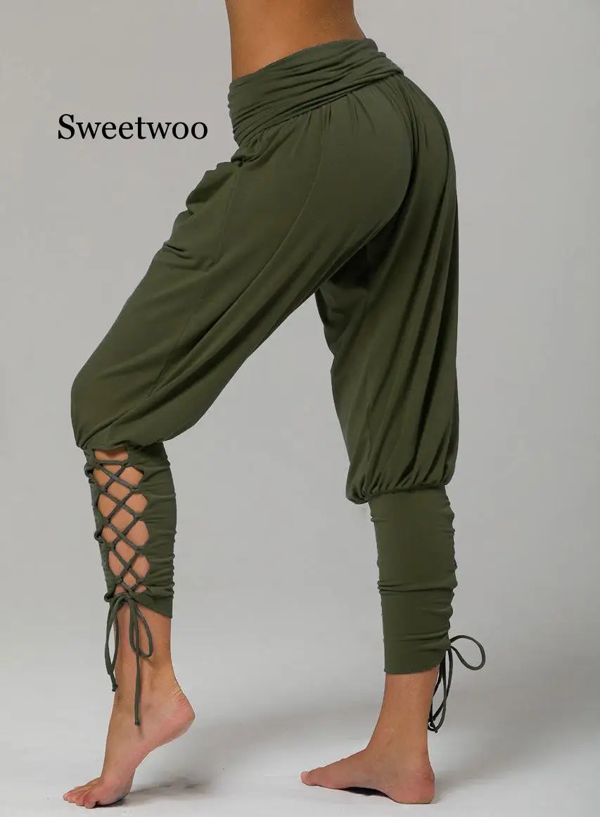 

2020 New Summer Women High Waist Casual Crop Pants Fashion Loose Culottes Trousers Pockets Bandages Feet Female Clothing Pants