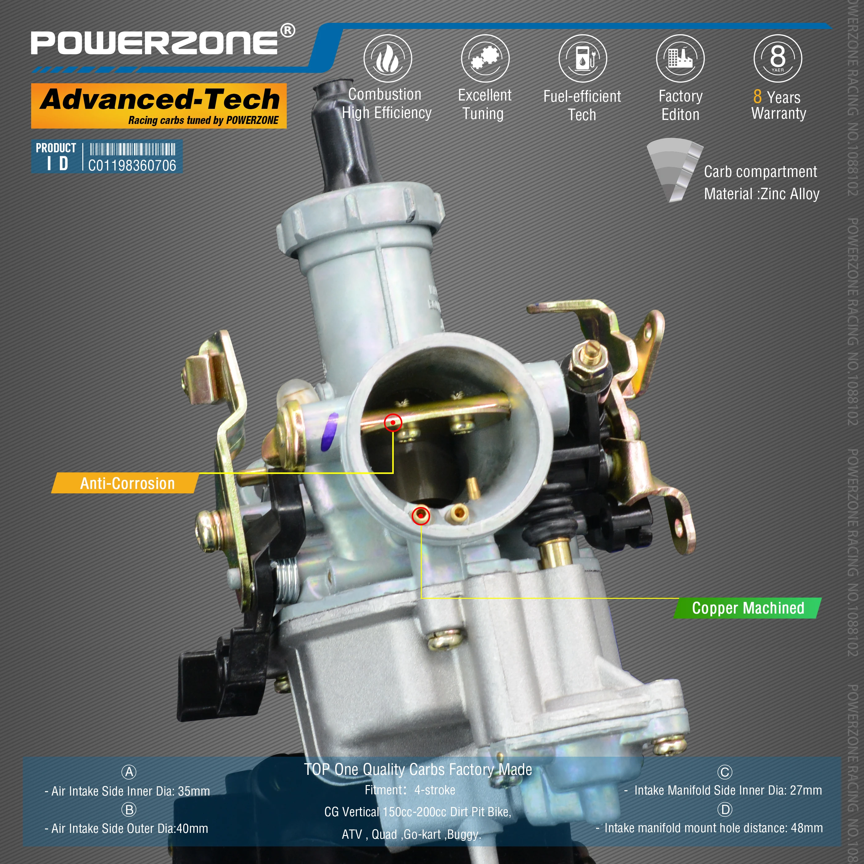 Powerzone  Carburetor PZ27B 27mm  CVK  Accelerator Pump Carb For CG Vertical 150cc-200cc Dirt Pit Bike,ATV,Quad ,Go-kart ,Buggy