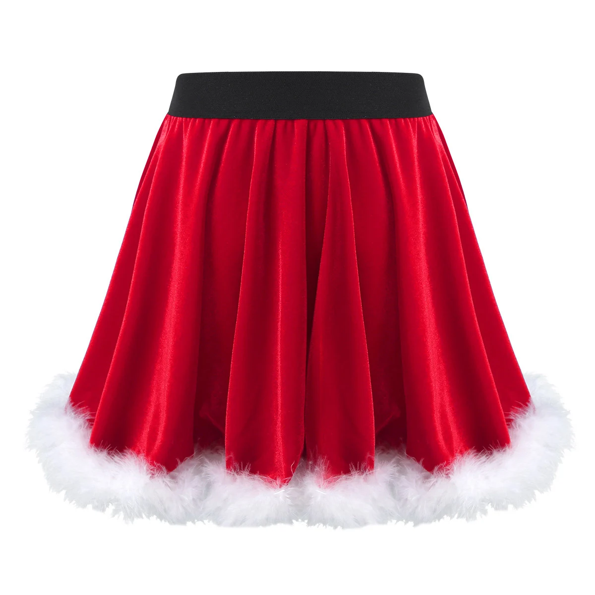 Kids Girls Santa Christmas Show Skirt Costume Red Velvet Feather Trim Mrs Claus Fancy Dress Up Dance Skirt Xmas Party Clothes