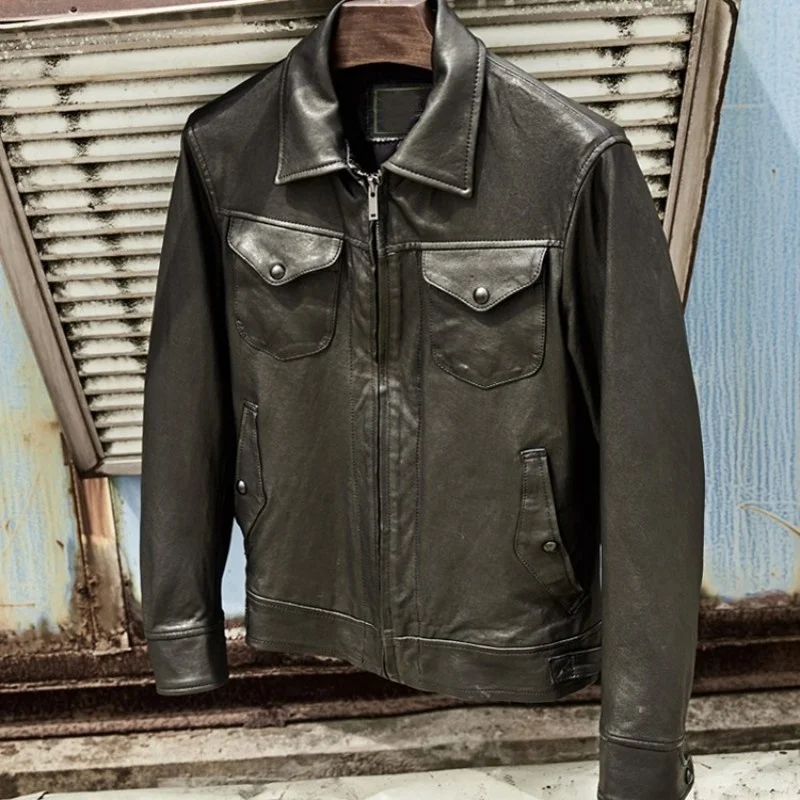 Style Punk Men 100% Natural Leather Jacket Casual Windproof Outwear Coats Pockets Slim Motorcycle Biker Genuine Leather Jacket