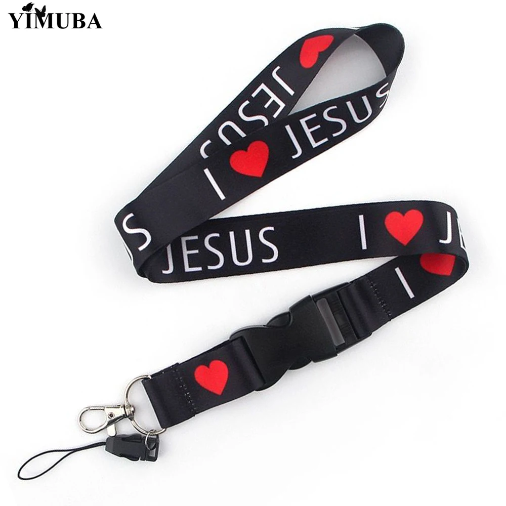 YIMUBA I Love Jesus Letter Printed Lanyard Keychain Mobile Phone Neck Straps Alloy Key Chain Multi-function ID Card Badge Holder