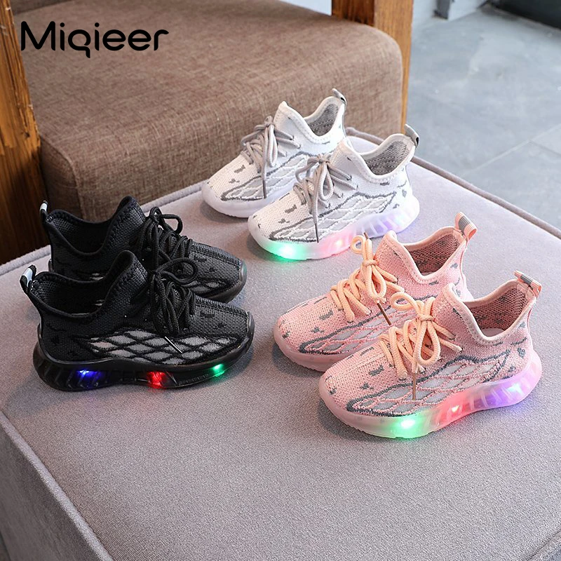 Children Sneakers Fashion Knit Breathable Mesh Anti-slip LED Shoes For Boys Girls Soft Jelly Bottom Lighted Kid Sports Shoes