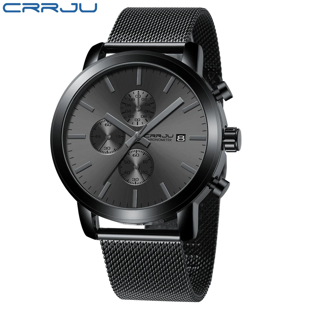 Men Watches CRRJU Top Brand Fashion multifunction Stainless Steel Mesh business Waterproof Wrist Watches Relogio Masculino