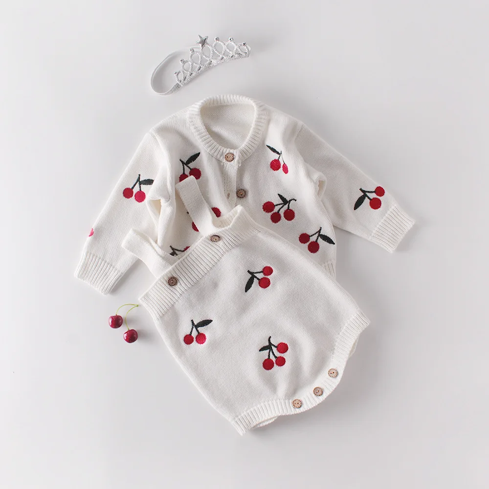 0-24M Newborn Kid Baby Girls Clothes Autumn Winter Warm Knitted Top Long Sleeve Cherry Print Cardigan Sweater Cute Knitwear Coat