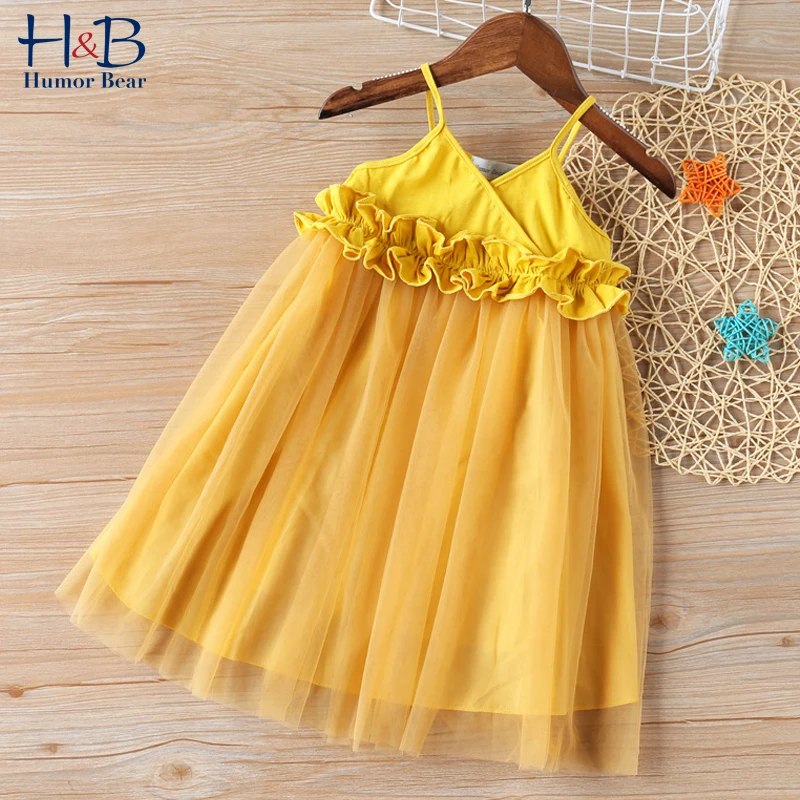 

Humor Bear Girls Dress Summer Sling Sleeveless Cute Solid Color Ruffle Mesh Yarn Patchwork Princess Dress