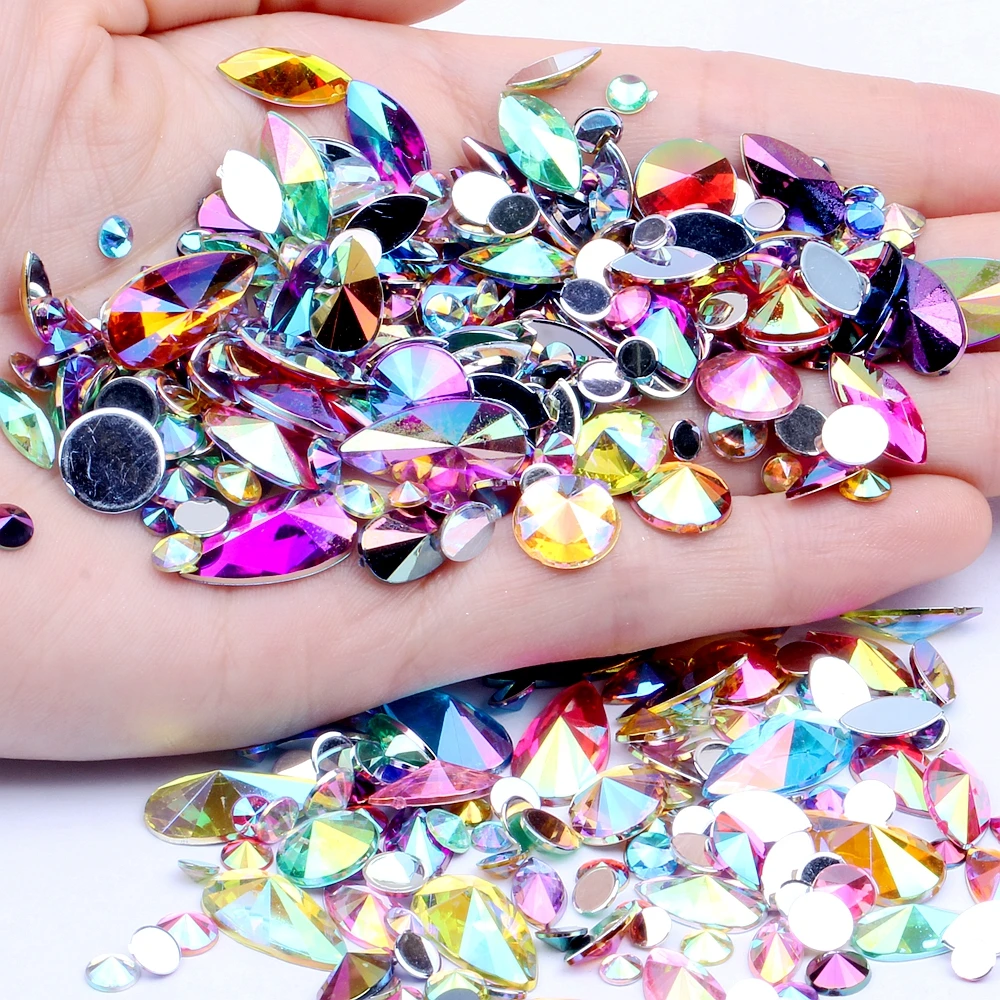 Acrylic Nail Rhinestones Flatback Pointed Mix Size Glitter Glue On Bead Perfect 3D Nails Art Phone Cases DIY Decoration