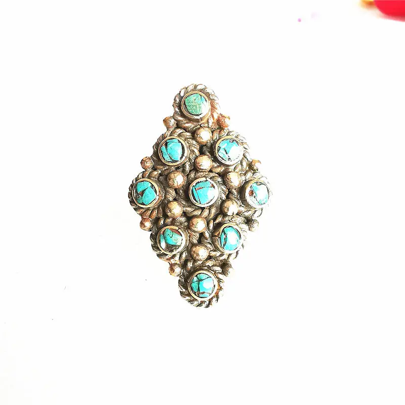 Spring Fashion Rings White Metal Copper inlaid Turquoise Big Figure Ring Nepal Vintage Jewelry R007