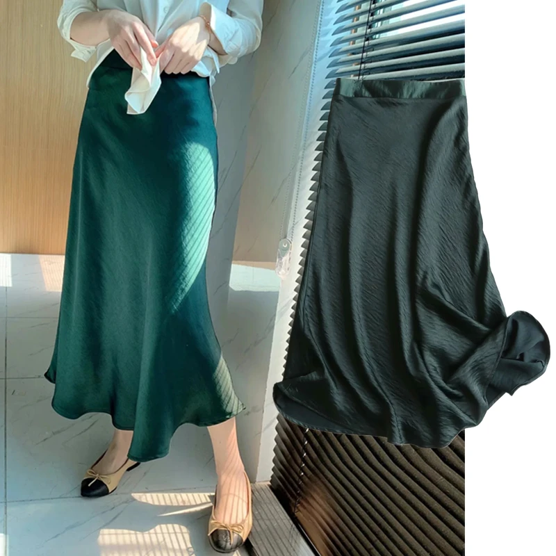 Withered England Style Office Lady Simple Solid Satin Elegant Spring Midi Skirt Women Faldas Mujer Moda 2022 Long Skirts Womens