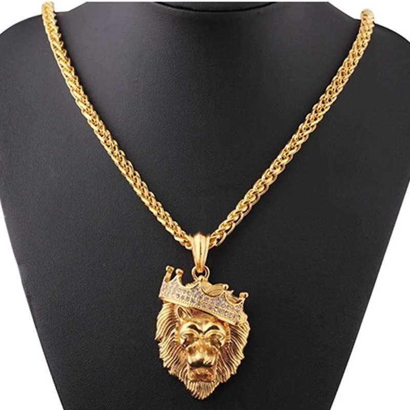 New Fashion Animal Rhinestone Crown Lion Head Hanging Necklace  Luminous Necklace Mengold-Plated Punk Party Pendant Necklace