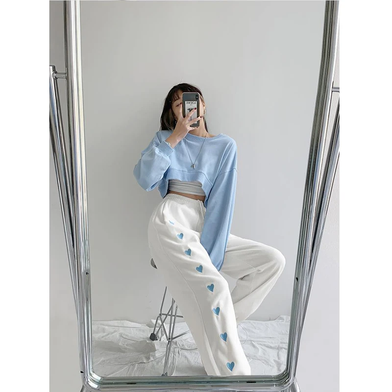 Korean Women Casual Loose Heart Print Streetwear Sweatpants Femme High Waist Harajuku Trousers Wide Leg Sport Jogger Harem Pants