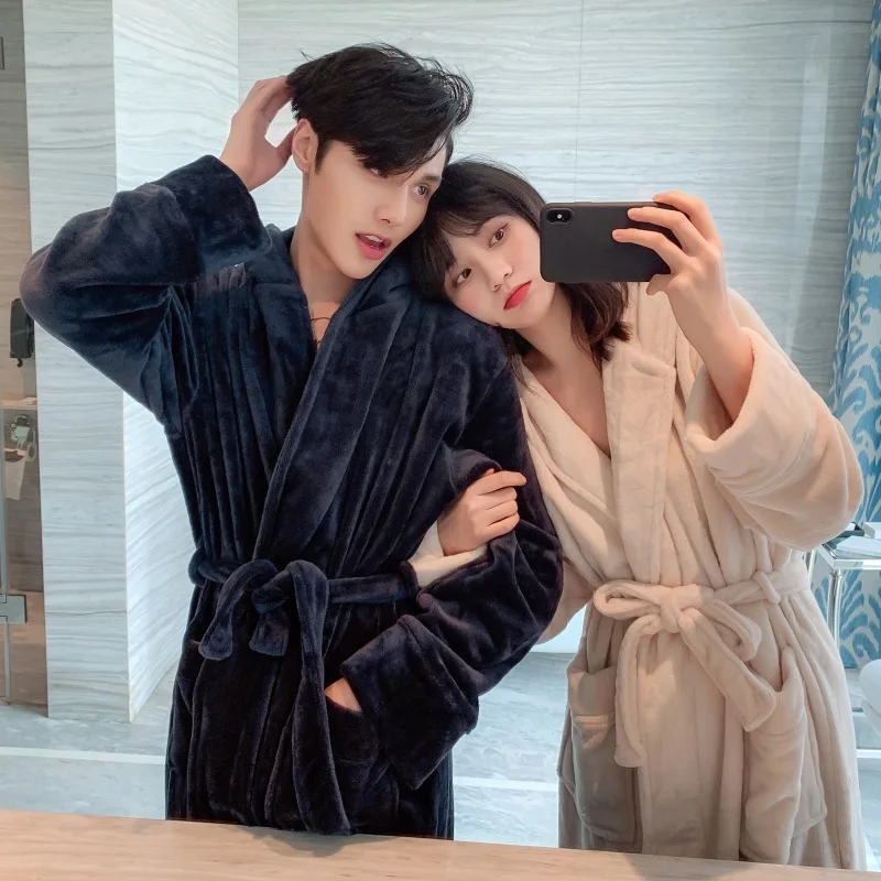 Winter Warm Comfortable Flannel Hooded Nightgown Couples' Morning Robe Thickened Lengthened Lovers Bathrobe Pure Color Men Women