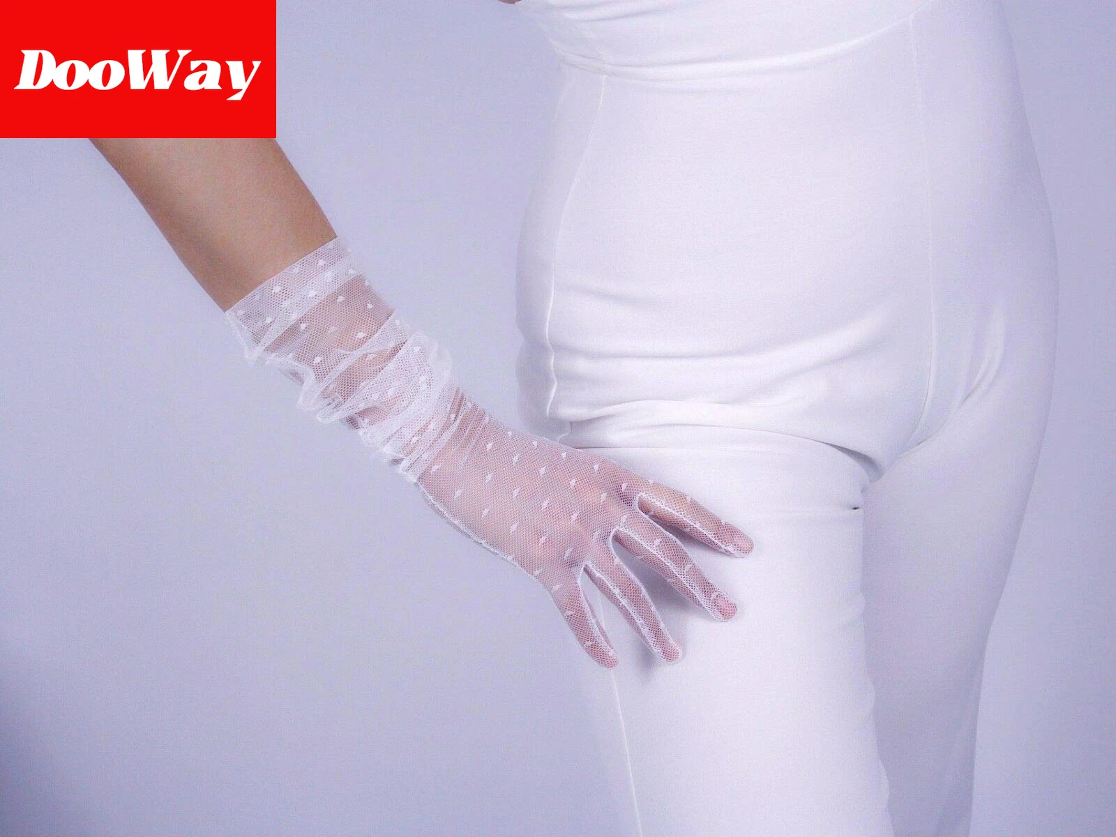 Dooway luvas longas de 21 polegadas, moda branca, formato de coração, com tela sensível ao toque semi-transparente