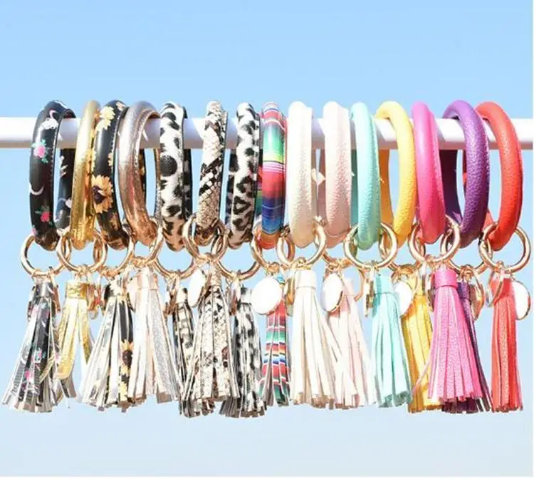 Women Tassels Bracelets PU Leather Wrap Key Ring Leopard Lily Print Keychain Wristband Sunflower Drip Oil Circle Bangle Chains