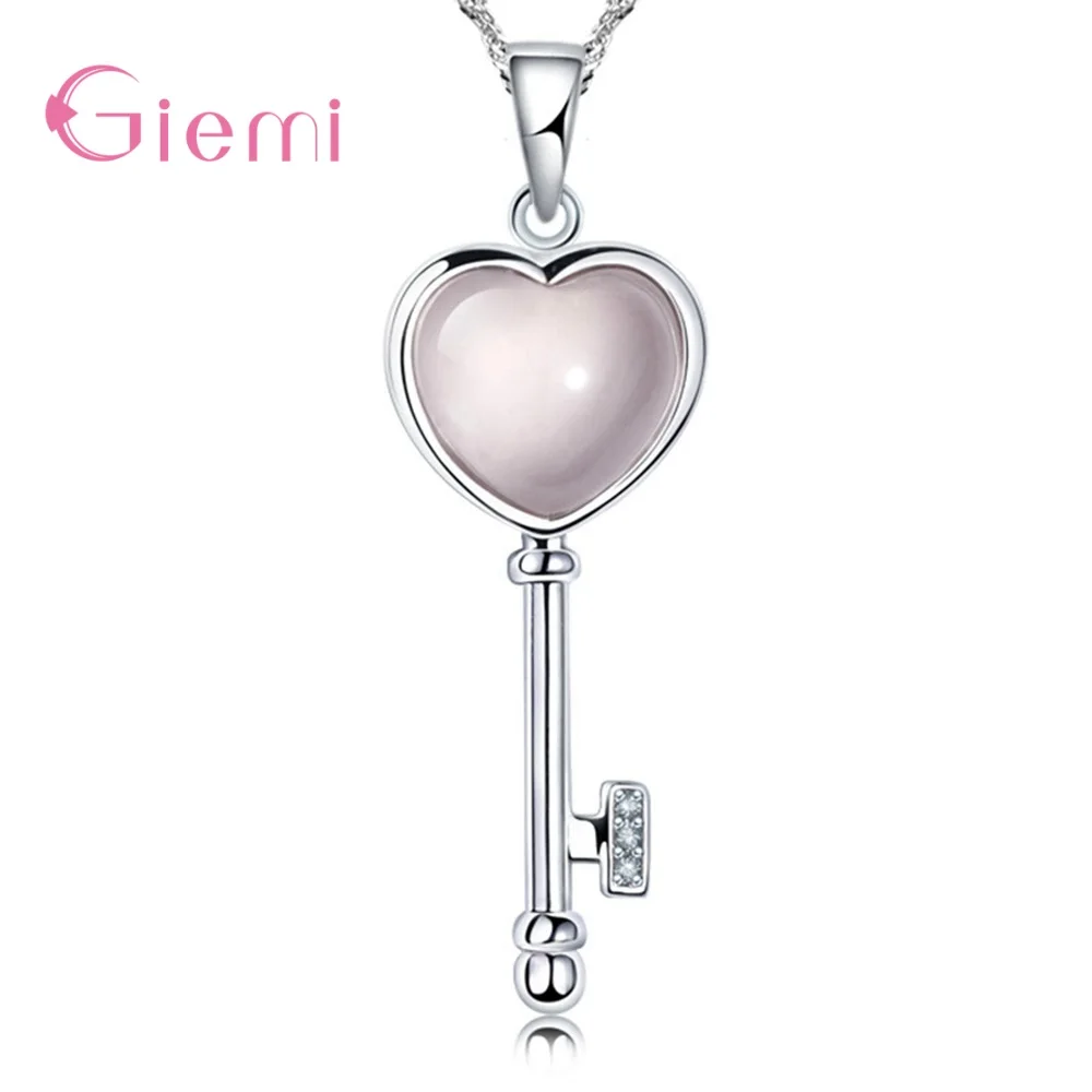 Luxury Elegant 925 Sterling Silver Key Pendant Necklace Pink Crystal Cubic Zircon Gift Jewelry for Women Femme Bijoux