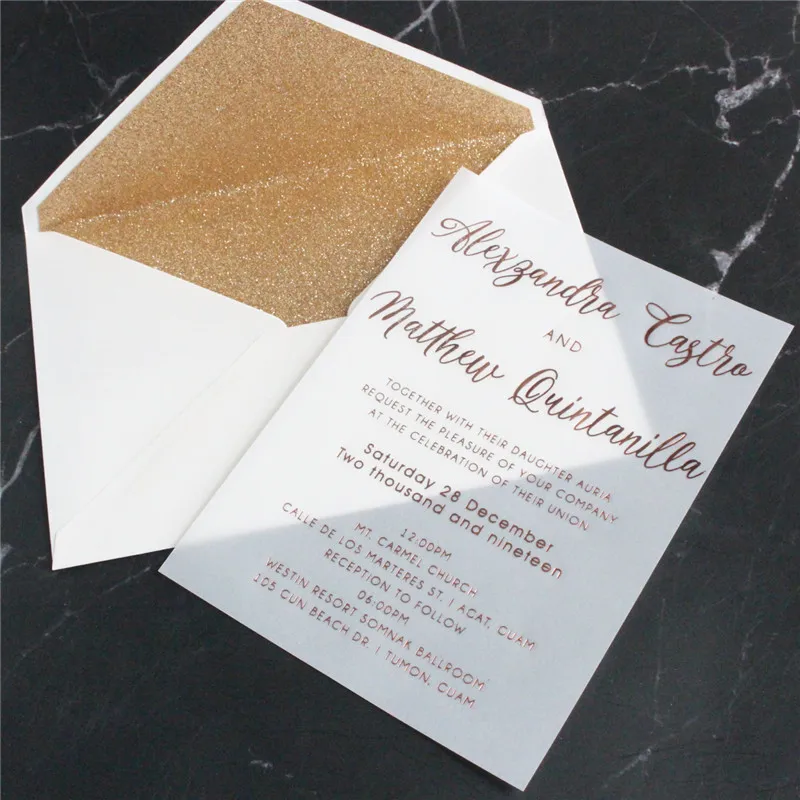 

Customized rose gold foil silver foil invitation printing vellum paper with glittery gold envelop 100pcs