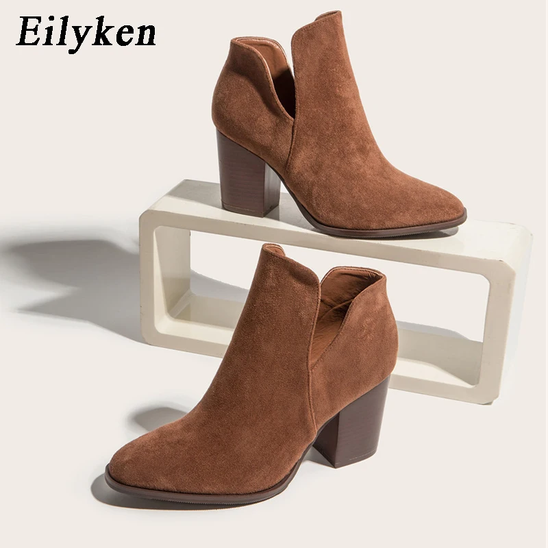 Eilyken 2024 stivaletti in finta pelle scamosciata donna tacco alto laterale impilato tacco largo Slip On scarpe da Cowboy occidentali corte